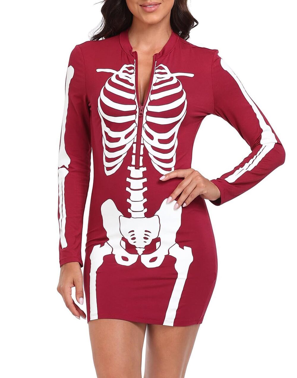 5898 Skeleton Dress Spooky Long Sleeve Bones Mini Dress Halloween Party